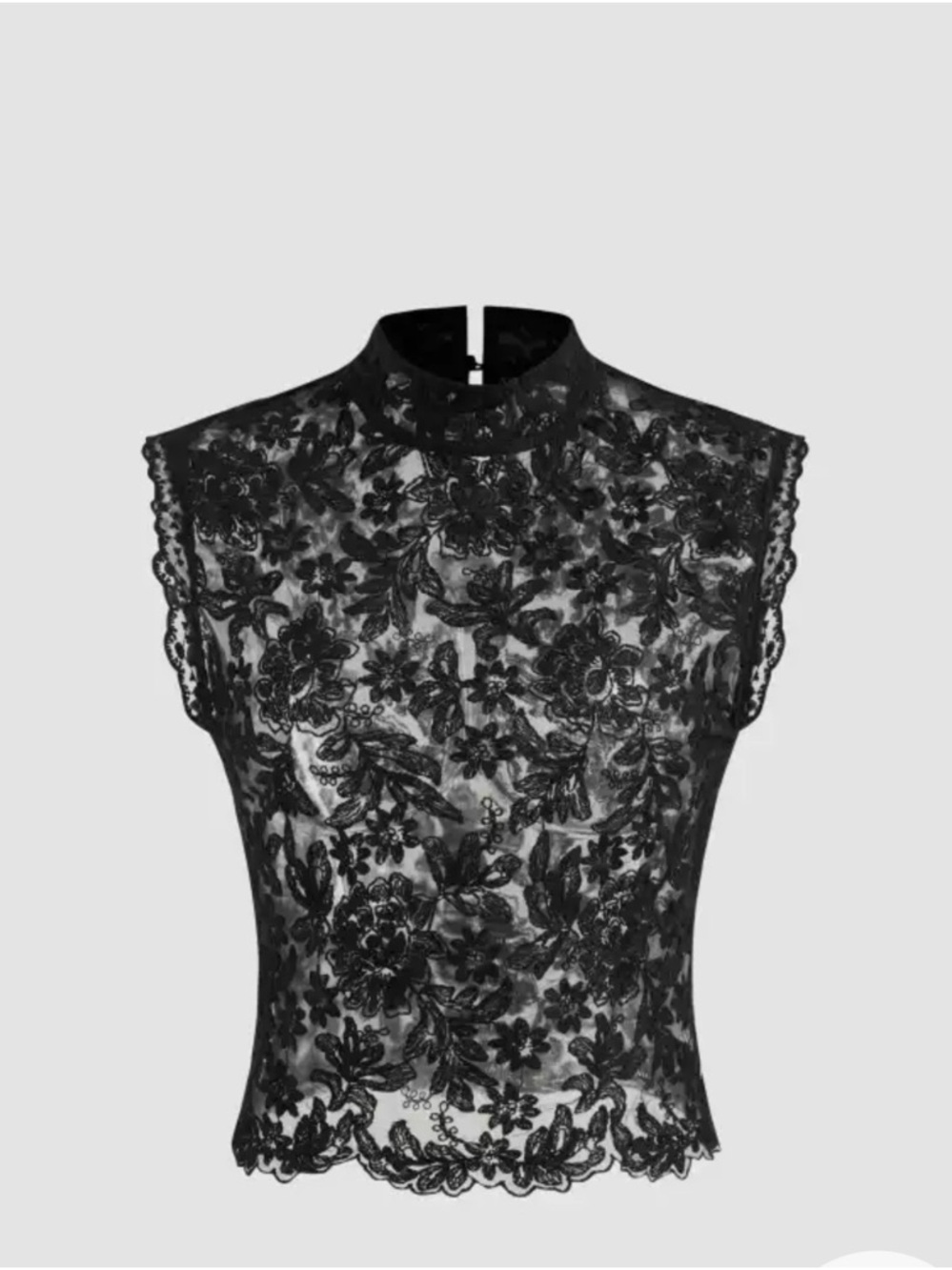 Cider Black Floral Lace Cap-Sleeve Mock Neck Top